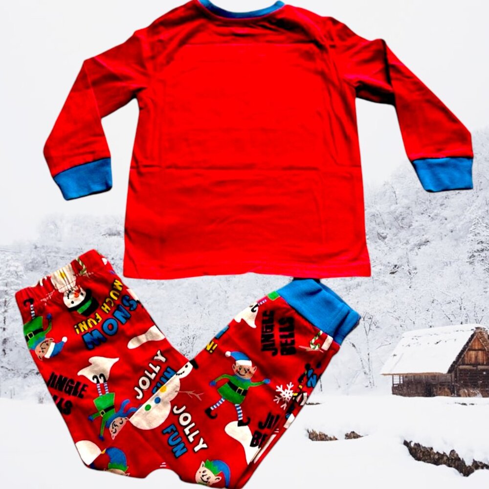 Kids Snow Much Fun Christmas Pajama Set – Red Snowman Elf Print Top & Pants - Picture 3 of 5